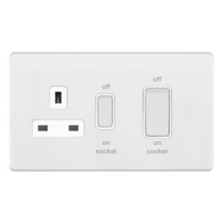Selectric 5M-PLUS 45Amp Cooker Switch With 13Amp Switched Socket Double Pole Matt White With White Insert