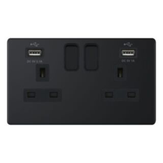 Selectric 5M-PLUS Switched Socket & USB Port 2 Gang 13Amp Matt Black With Black Insert