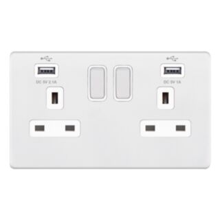 Selectric 5M-PLUS Switched Socket & USB Port 2 Gang 13Amp Matt White With White Insert