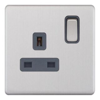 Selectric 5M-PLUS Switched Socket Double Pole 1 Gang 13Amp Satin Chrome With Grey Insert