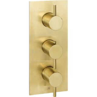 JTP Vos Designer Handle Vertical Thermostatic Concealed Triple Control Triple Outlet Shower Valve Brushed Brass